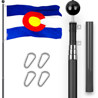 Combo: 16Ft Telescoping Flagpole Black & Colorado CO State Flag 3x5 Ft Emb 300D
