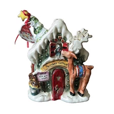 New Blue Sky Clayworks Reindeer Cottage Christmas Tea Light Candle Holder House