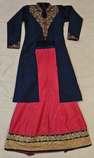 Girls Long Navy Blue Embroidered Kurti  Hot Pink Lehenga Skirt with Dupatta