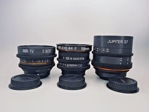 Helios 44 58mm Mir-1B 37mm Jupiter-37A 135mm Cine mod lens Canon EF mount / Set