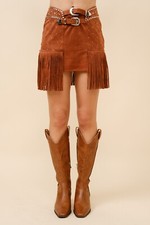 Double Belted Star Studded Suede Fringe Mini Skirt