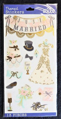 13pc Wedding Icon Stickers EKSuccess Sticko Themed Just Married Gown Cake Gifts