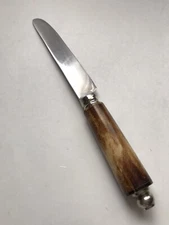 India Stainless Brown Tan Wood Faux Bone Look SERRATED DINNER KNIFE 8.75”