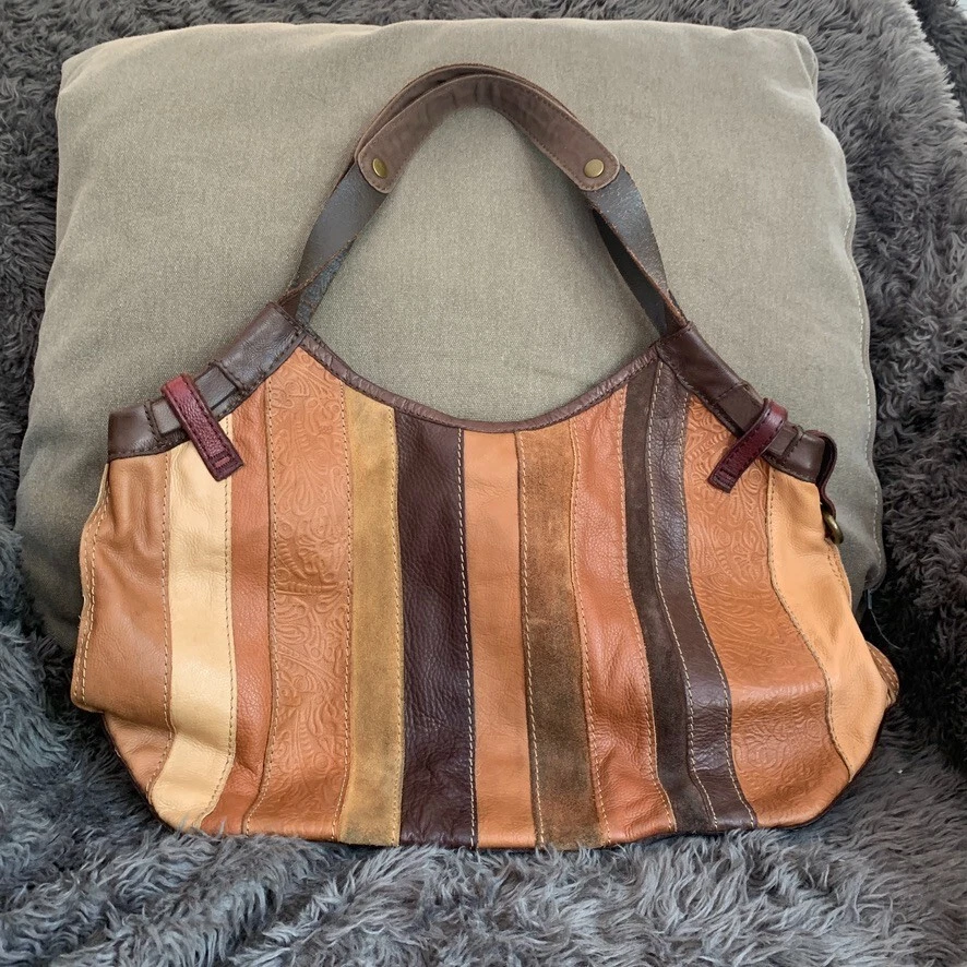 LUCKY BRAND Brown Multi Tonal Patchwork Stripes Leather Hobo Shoulder Bag Purse