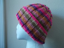 Hand knitted cozy warm striped beanie/hat, purple, pink, green, gold, tan