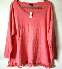 Talbots Scoop Neck LS Sweater 2XP Pink Cashmere Blend Fringe Hem Slit NWT