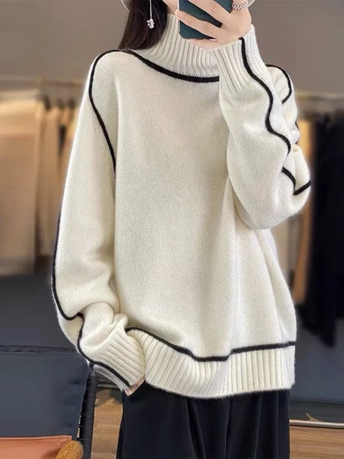 Stripe Faux Cashmere Sweater Women Turtleneck Loose Knitted Pullover All-match - Image 4 of 4