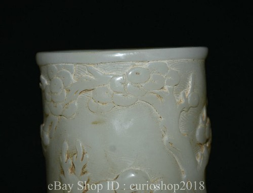 4.8 " Old Chinese White Jade Carved People Tree Deer Round brush pot pen case - 第 2/10 張圖片