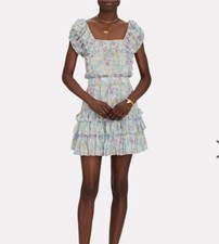 LOVESHACKFANCY Womens Dress Size XS Ivoire Floral Chiffon Mini white ruffle Blue