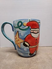 RARE VTG VIETRI Christmas Pitcher Santa Lg 8" Ceramic Blue Italian Stamped