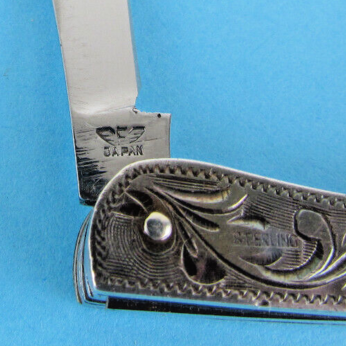 Vintage F Wing Sterling Fujimoto Engraved Pocket Knife Japan