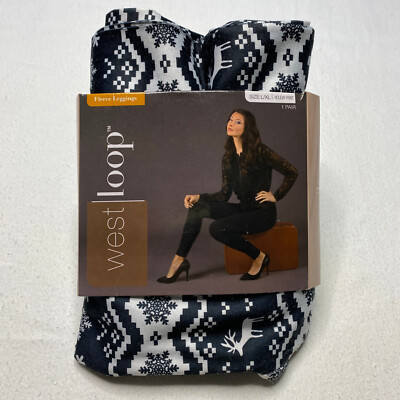 West Loop Womens Leggings sz L XL 12 14 16 Black Holiday Print Fleece Lined NEW