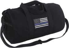 Black Heavy Canvas Shoulder Duffle Bag with Thin Blue Line US Flag 19" x 9" x 9"