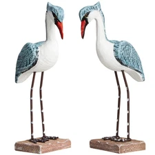 Wooden Seagull Figurine, 2 Pcs Hand Painted Nautical Sea Bird Statue Coastal