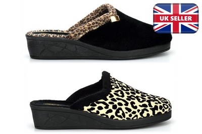 Damen Pantolette Hausschuhe Damen Pantoletten Damen Keilabsatz Pantoffeln Absatz Ozelot Leopard