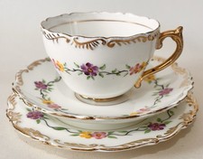 Antique Hand Painted Pretty Floral Bone China Tea Cup Saucer & Tea Plate Trio