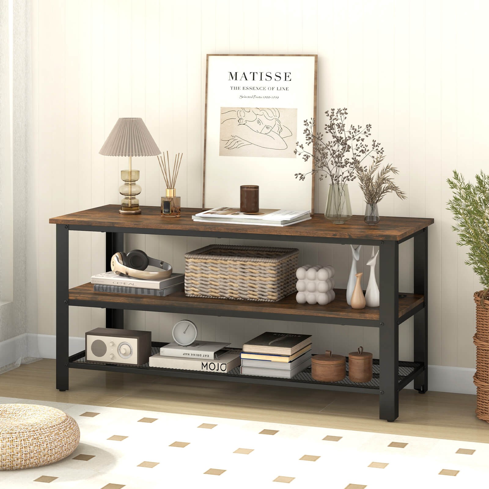 Entertainment Center Console Metal Frame Rustic Brown