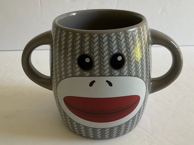 Two Handled Gray Sock Monkey Coffee Cocoa Tea Mug Cup