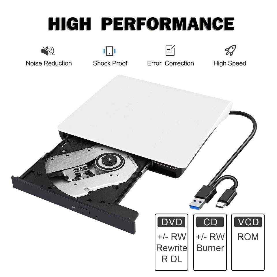 External CD DVD Drive Reader Writer CD Burner USB 3.0 Type-C forPC Windows 11 10 - Image 2 of 4