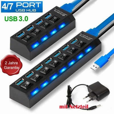 USB 3.0 Hub 4/7 Port USB Splitter Adapter mit Netzteil Verteiler für PC Laptop