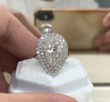 3CTW Pear Cut Moissanite Double Halo Wedding Ring 14K White Gold Plated