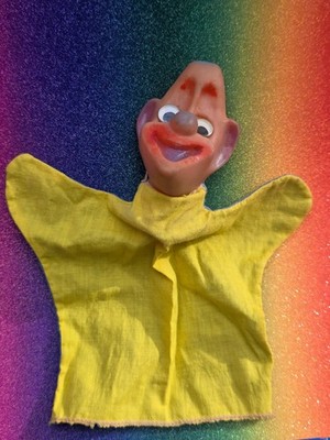 vintage rubber headed hand puppet yellow blue unbranded
