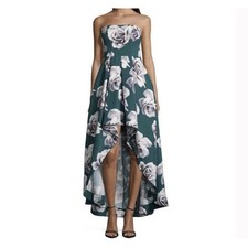 Speechless Women's High Low Gown Dress Green White Floral Strapless Sz 13 Formal