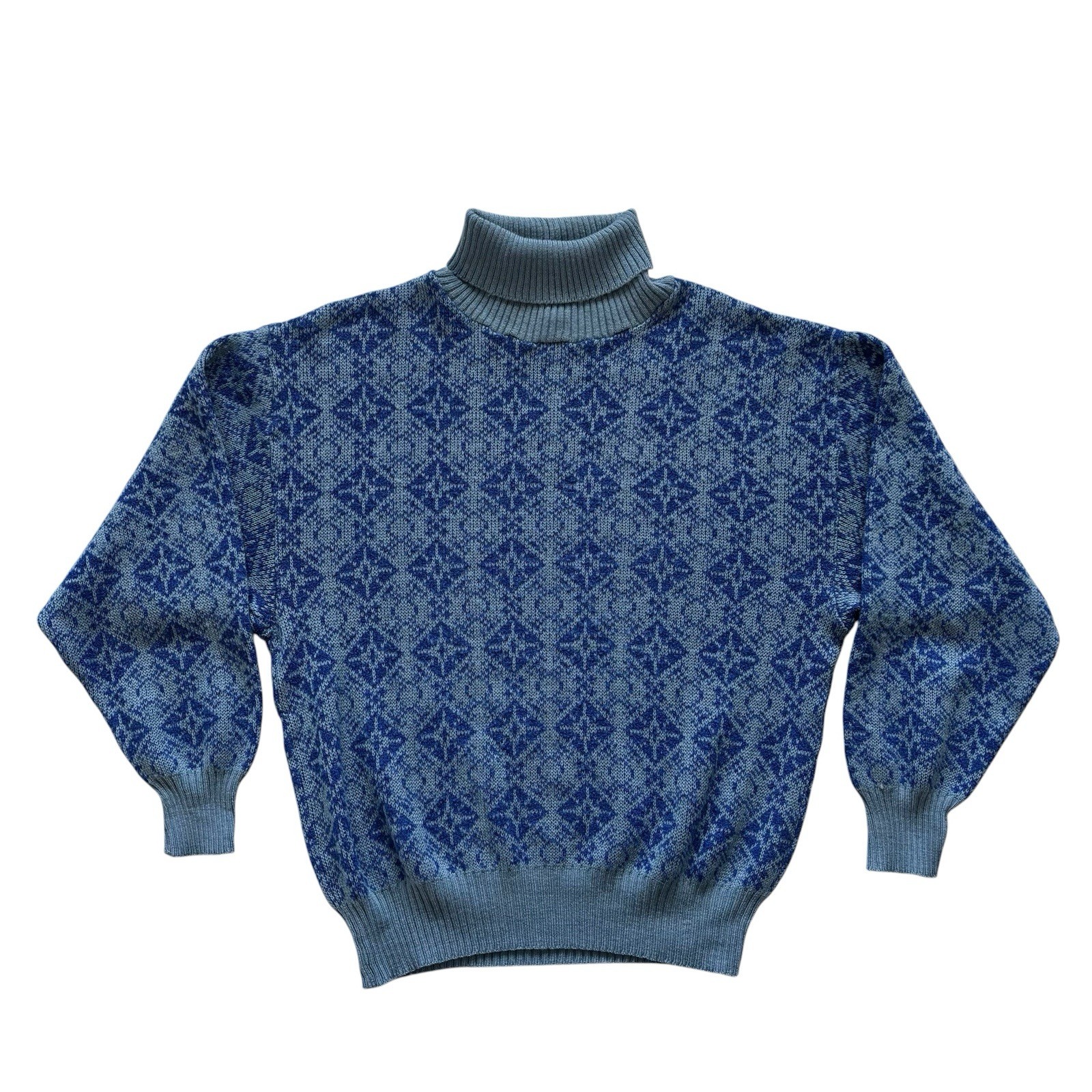Mens Vintage 70s Polo Roll Neck Jumper Blue Geometric Retro Indie Mod Medium 38" image 2