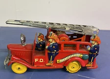 ANTIQUE VINTAGE 1950's SSS Shioji Shoten Japan TIN FRICTION FIRE TRUCK Ladder