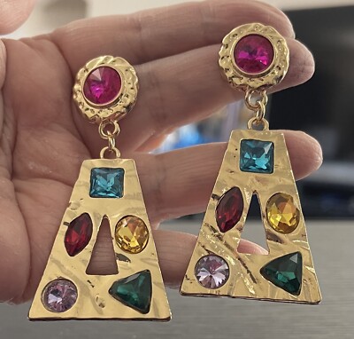 Betsey Johnson Geometric BOLD Multi-Color Faux Gemstones Dangle Earrings