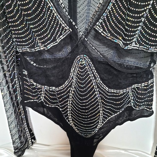 Banjul Black Mesh Rhinestones Detail Bodysuit Size 2X - Picture 2 of 10