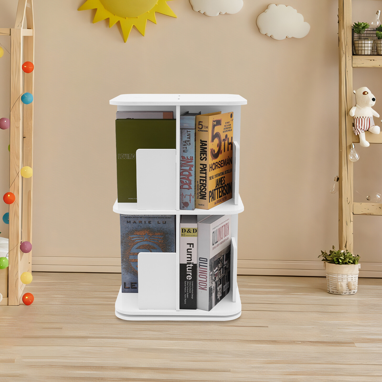 360�� Rotating Bookshelf White 2 Tier Standing Bookcase Small Corner Bookcase