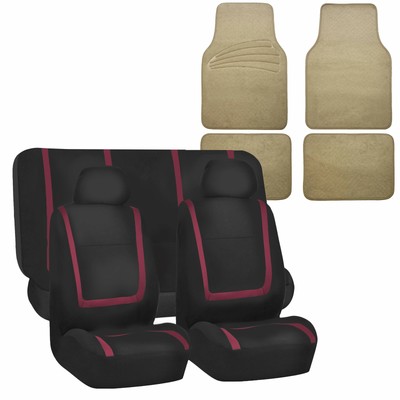 Auto Universal Seat Covers For Car Suv Van Burgundy Combo W Beige Floor Mat Ebay
