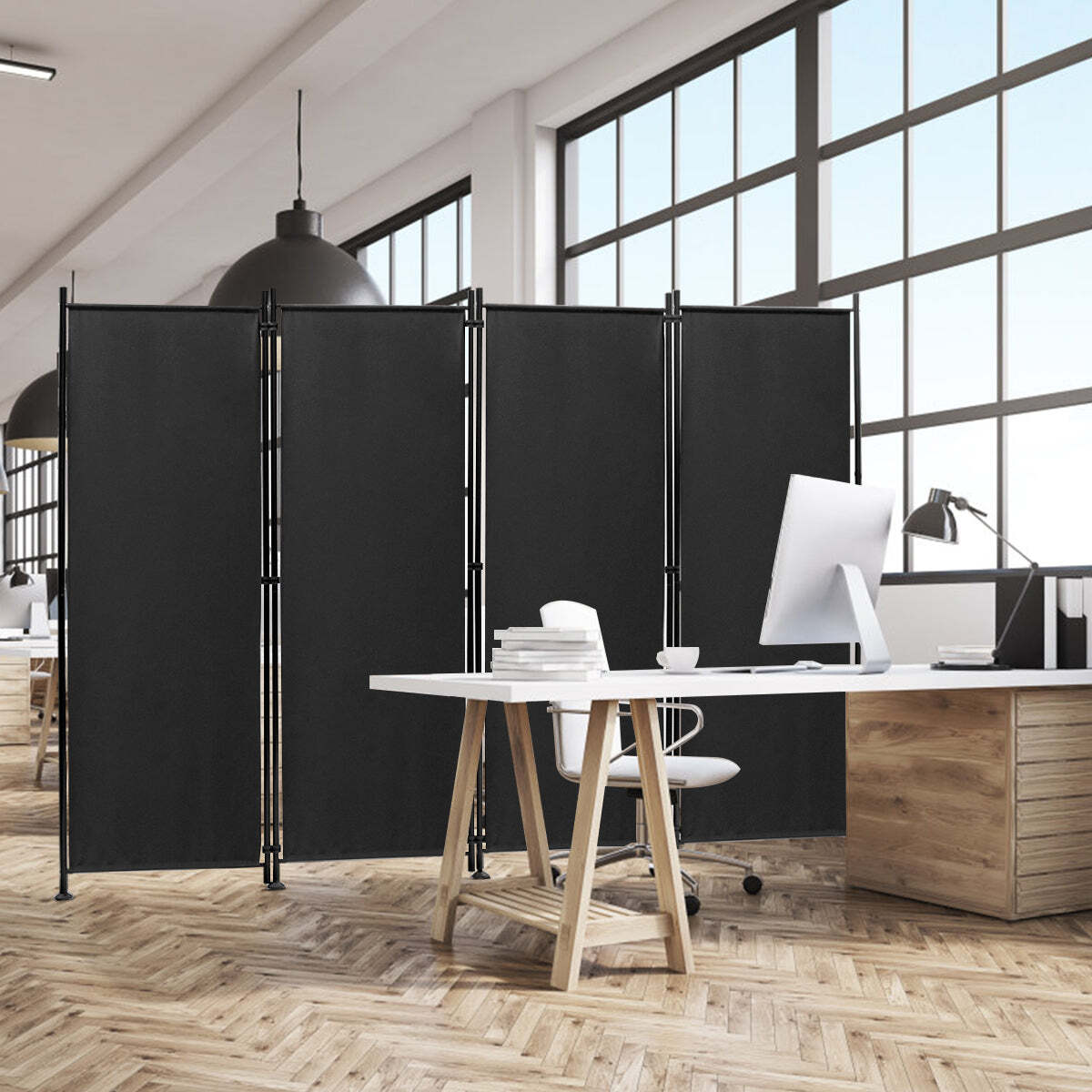 NNECW 4-Panel Folding Room Divider with Adjustable Foot Pads for Home-Black