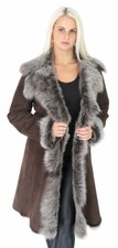 Womens Luxury Toscana Long Coat Real Sheepskin Brown Shearling Suede Jacket New
