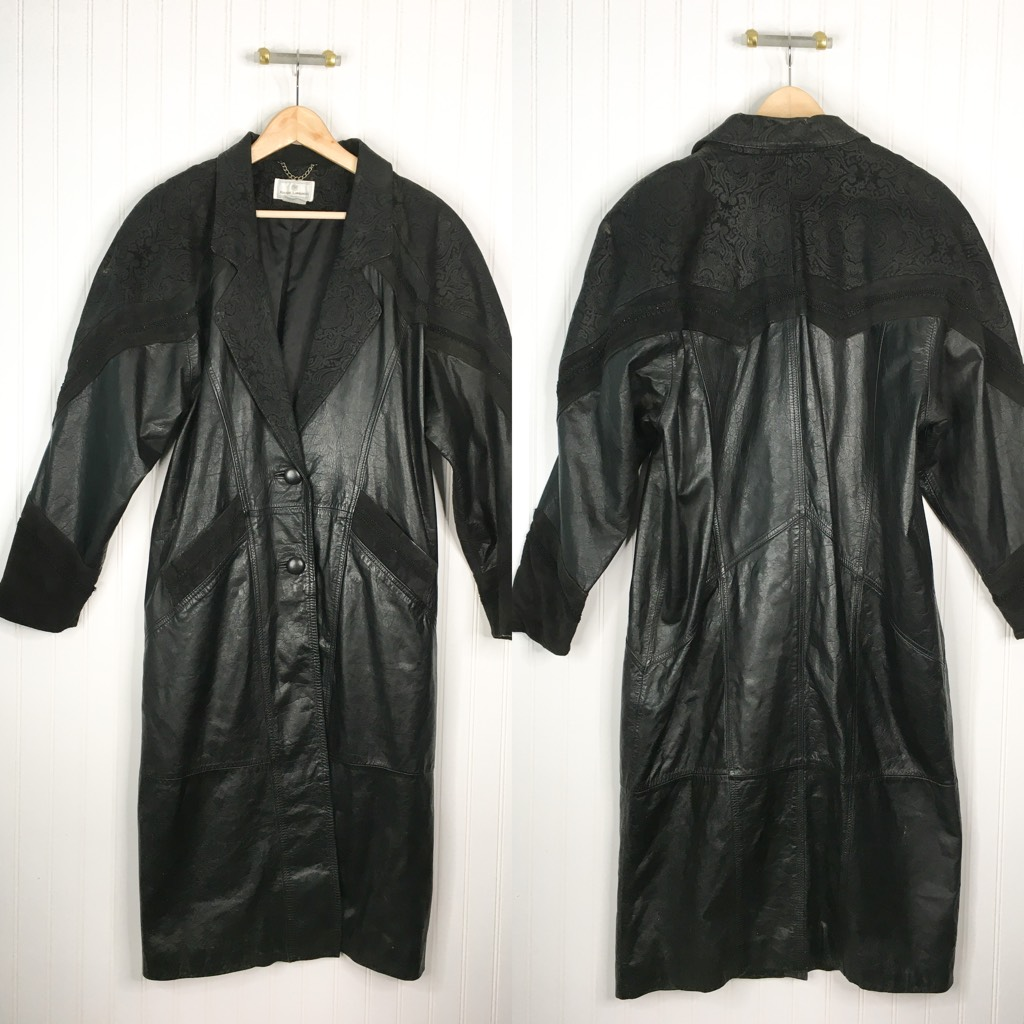 Vintage Maggie Lawrence Womens Leather Trench Coat Black Pockets