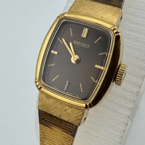 VTG Seiko Watch 1100-5559 Women Hand Winding Mechanical Gold Tone Brown 7.25"