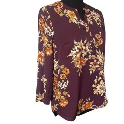 Daniel Rainn Stitch Fix Floral Romantic Blouse Top Burgundy Hi Low Hem Petite XS