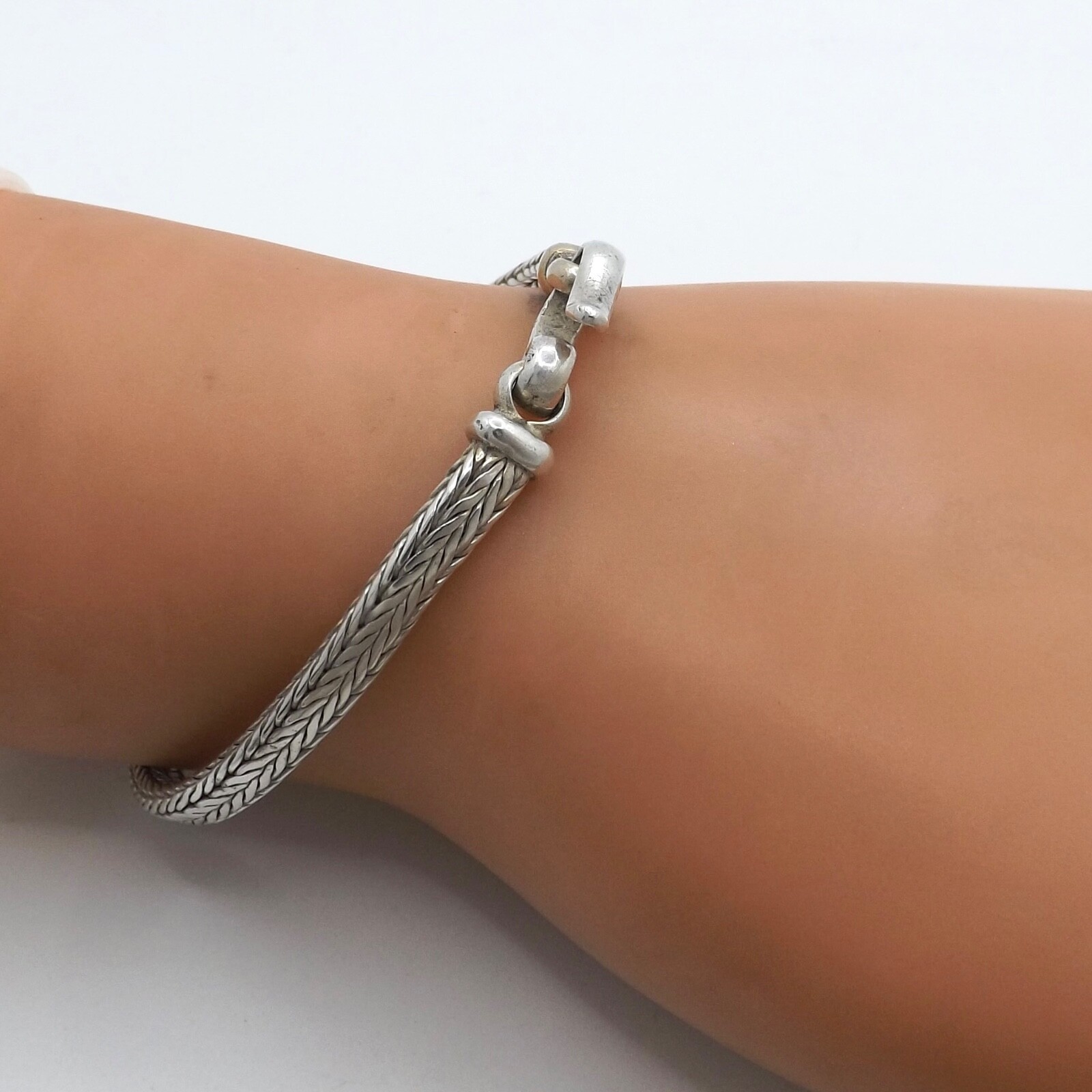Solid Sterling Silver Wheat Link Hook Bracelet Ro… - image 3