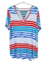 Lane Bryant Striped Blouse V-Neck T-Shirt Strappy Cutout Back Patriotic Sz 14/16