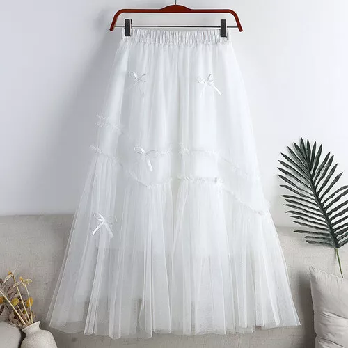 Damen Netz Tüll Rock Lagenlook Hoch Gummibund A-Linie Plissee Swing Midi Chic - Bild 12 von 23