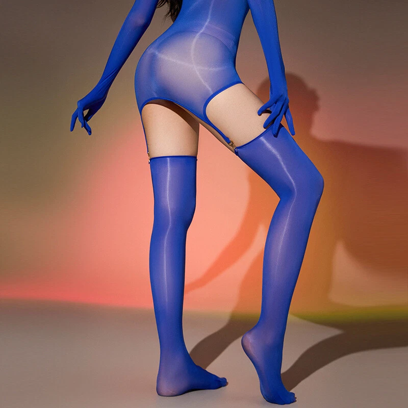 Women Sexy 5D Oil Shiny Bodysuit Full Body Stocking Garter Lingerie Jumpsuit - Image 4 of 4