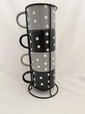 Signature Housewares Stackable Stoneware Mugs Cup Set & Tower Stand Dots