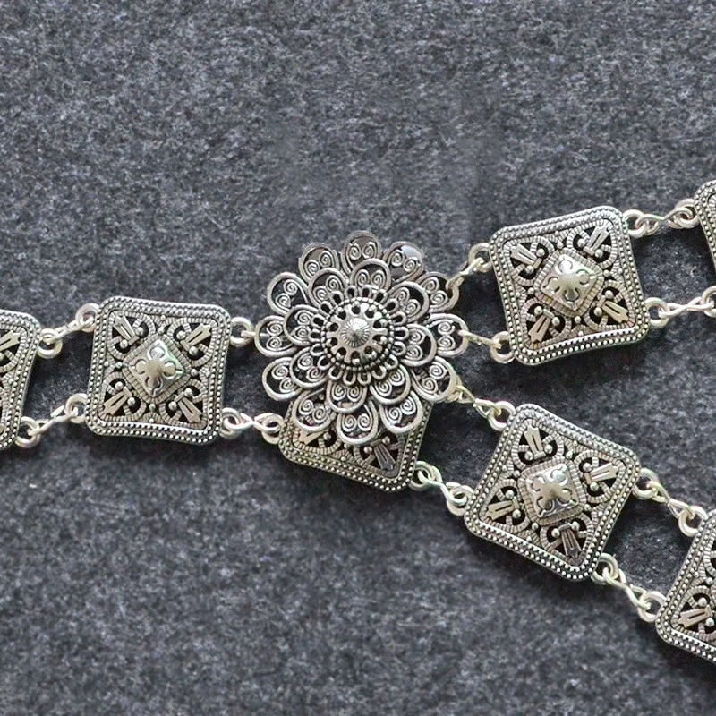 Boho Vintage Silver Filigree Chain Belt Flower Buckle Retro Silver Waist Chain - image 4 of 4