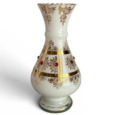Vtg Opaline Cased Glass White Vase Hand Painted Gold Gilt With Applied Gems 12''