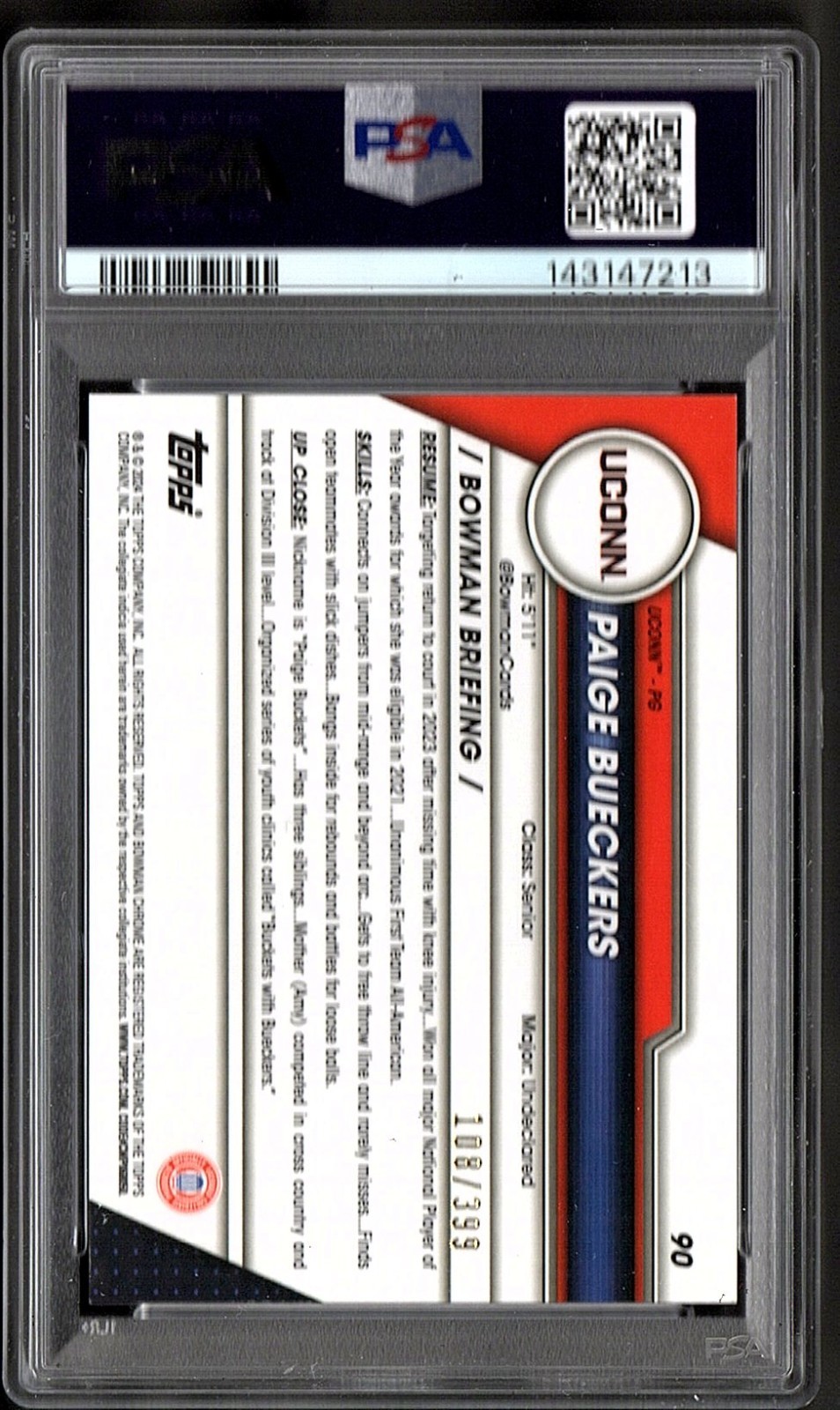 2023 Bowman U Chrome #90 Paige Bueckers Purple Refractor #/399, PSA 10 view 2