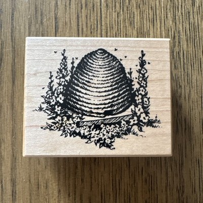 PSX Beehive Wood Mounted Rubber Stamp Nature Honey Bee Hive Flowers F-1730