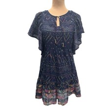 Ecote Navy Boho Babydoll Mini Dress Flutter Sleeves Tie Neck 100% Cotton XS