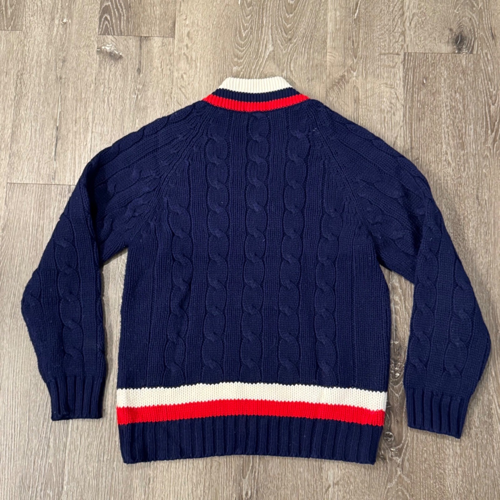 IZOD Lacoste Sweater Men L Navy Blue Cable Knit Varsity V-Neck Vintage Pullover image 8