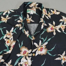 Paradise Found Shirt Mens Large Black Orchid Hawaiian Aloha Button Front Cotton
